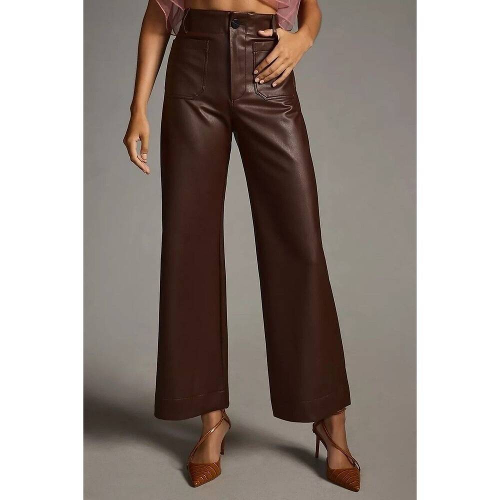 Anthropologie Wide-Leg Pants Brown Faux Leather Stretch Pockets Women's Tall 28T